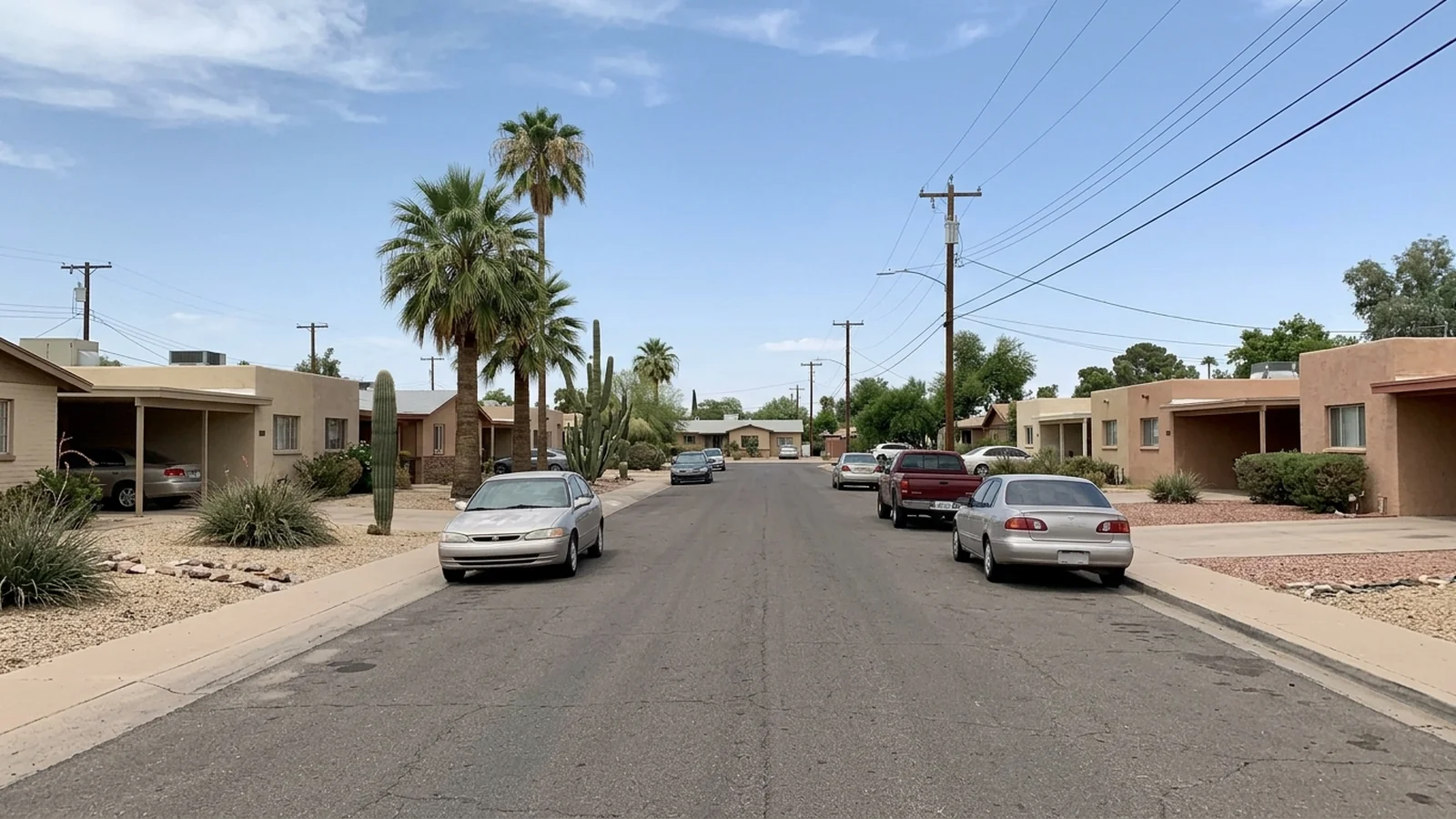 Quiet residential street with desert landscaping and palms in a master-planned community