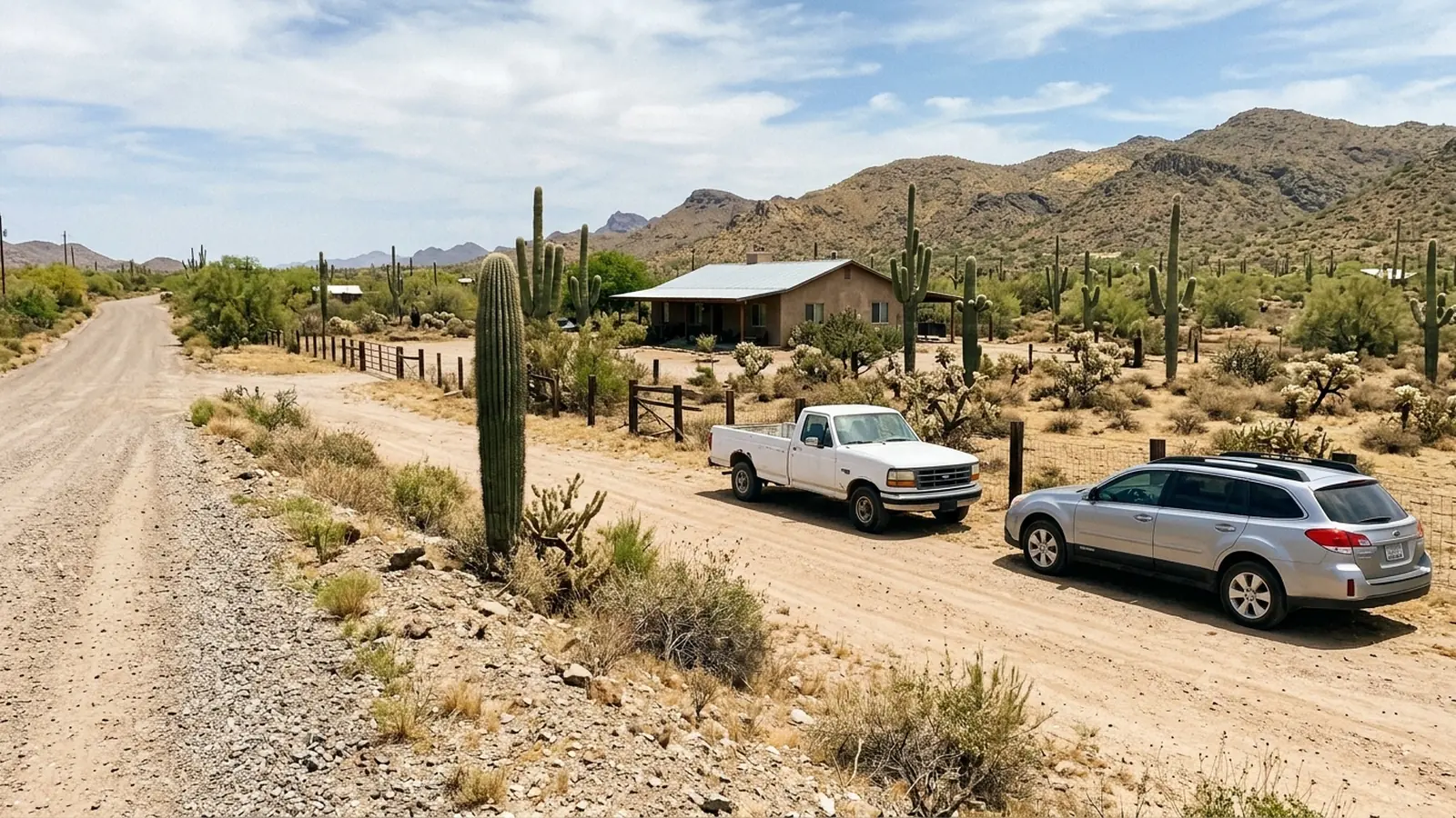 Ranch house and gravel road among saguaros in Cave Creek, Arizona
